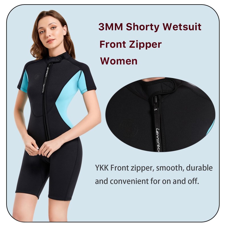 Lemorecn Wetsuits Womens Front Zip Neoprene 3mm Shorty Diving Suit(CA3046-3XL)