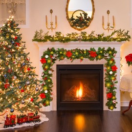 Christmas Garland with Lights,Pre-lit 9ft Christmas Decorations with 50 LED Lights,with Waterproof Battery Box,Indoor&Outdoor Use,for Stairs Fireplace Front Door Porch Home (Battery NOT Include)