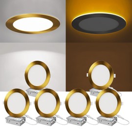 ZYC Recessed Lighting 6 Inch - 12W 1100LM LED Recessed Ceiling Light with Night Light，5CCT 2700K/3000K/3500K/4000K/5000K Selectable Ultra-Thin Lighting，Canless LED Recessed Light，Pack of 6（Gold）.