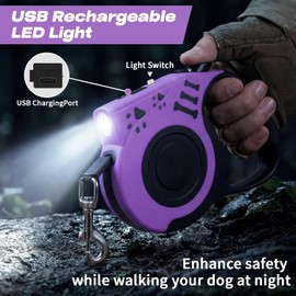 Correa retráctil para Perros con Linterna Recargable por USB para Paseos nocturnos, Correa telescópica automática de 4,8 m para Perros pequeños y medianos, Color Morado