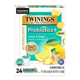 Twinings Probiotics+ Lemon & Ginger Herbal Tea K-Cup Pods for Keurig, 24 Count (Pack of 1), Supports Digestive Health, Naturally Caffeine-Free, Enjoy Hot or Iced