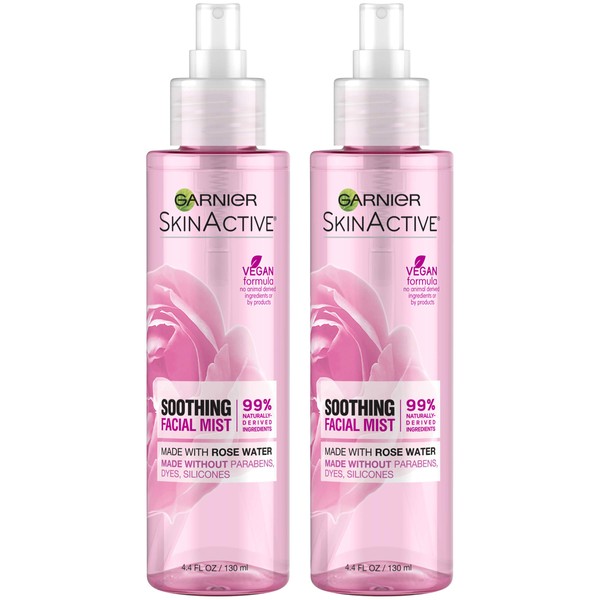 Garnier SkinActive Facial Mist Spray with Rose Water, 4.4 Fl Oz (130mL), 2 Count (Packaging May Vary)