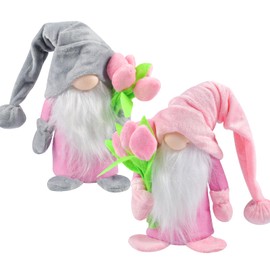 Spring Gnome with Tulips Bouquets, Spring Decoration, Handmade Filled Faceless Doll Gnome Decorations, for Girlfriend, Mum, Wedding Anniversary, Mother's Day, Pack of 2