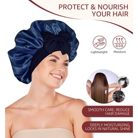 HiRui Silk Satin Bonnet for Sleeping Women, Double-Layer Sleep Cap Shower Cap with Adjustable Tie, Moisture Retaining Satin Lined Hair Bonnet for Curly and Natural Hair (Navy Blue/Light Blue, Medium)