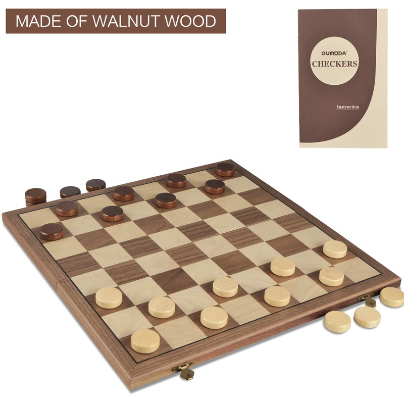 OUMODA Walnut 15" Magnetic Checkers Board Game Set - Folding