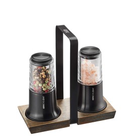 GEFU Salt and Pepper Mill Set X-PLOSION Set of 2 with Cruet, Mills with Ceramic Grinder, Wooden Coaster, Black, 14.5 x 6.8 x 14.5 cm