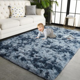 TWINNIS 5x8 Large Shag Area Rugs for Living Room Bedroom, Tie-Dye Blue Grey Indoor Super Soft Fuzzy Plush Rugs, Upgrade Anti-Skid Modern Rugs Fluffy Carpets for Kids Room Nursery Home Decor