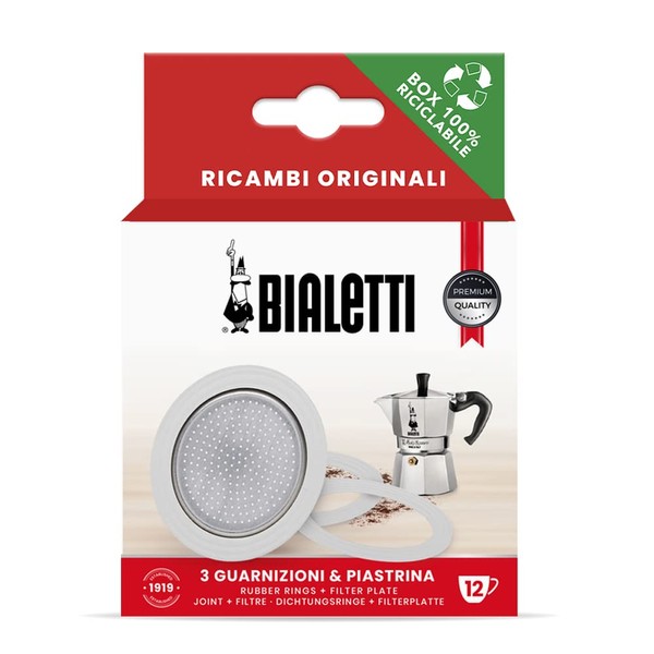 Bialetti Ricambi, Includes 3 Gaskets and 1 Plate, Compatible with Moka Express 12 Cups and Moka Express 18 Cups
