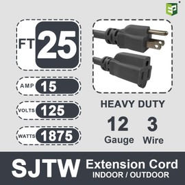 EP 25 Ft Outdoor Extension Cord, 12/3 SJTW Heavy Duty Extension Cable with 3 Prong Grounded Plug, 15 AMP Power Cord for Lawn, Garden, Appliances, Gray