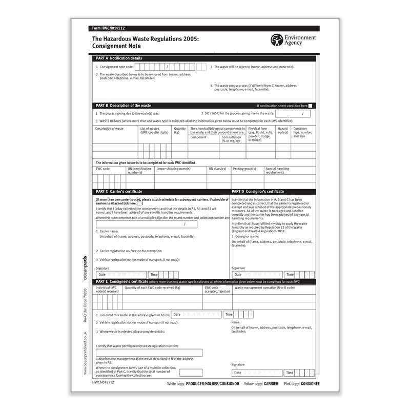 Ocean Pads Hazardous Waste Consignment Note Pad HWCN01v112, A4, 3-Parts