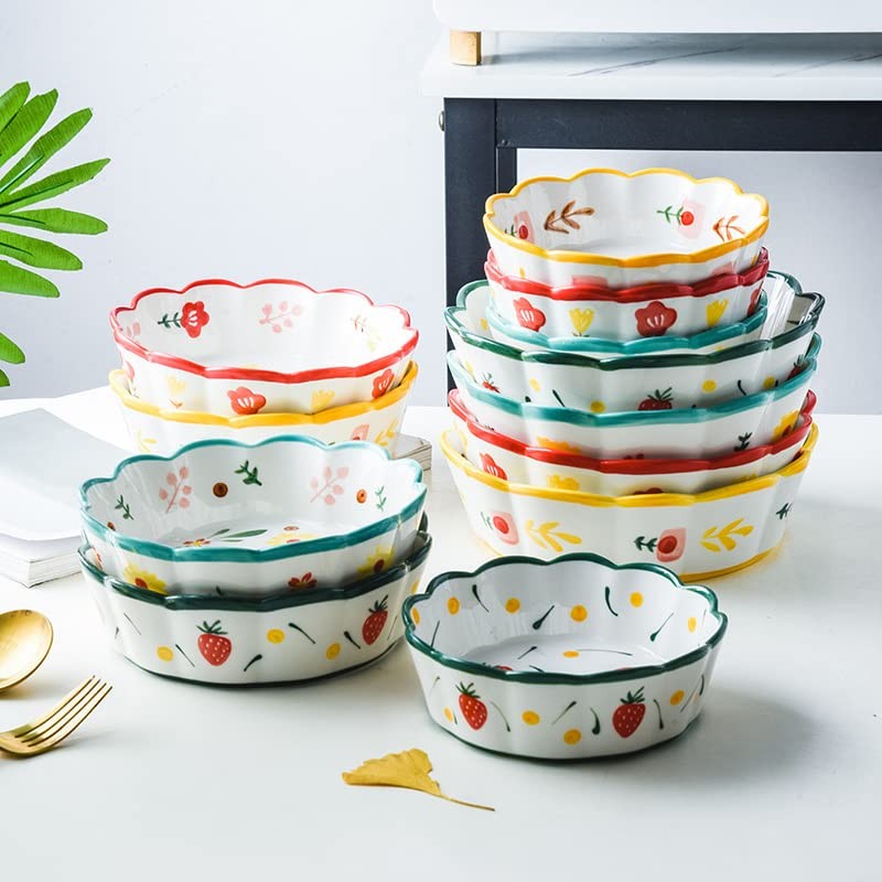 GinkgoHome Hand Painted Flower Pattern Ceramic Bowl Wavy Edge 6-8