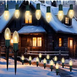 Christmas Pathway Lights Outdoor, 38FT Connectable C9 Christmas Lights Outdoor Waterproof with 25 C9 Warm White Lights and Stakes, Christmas Decorations Lights for Walkway Driveway Lawn Yard Garden