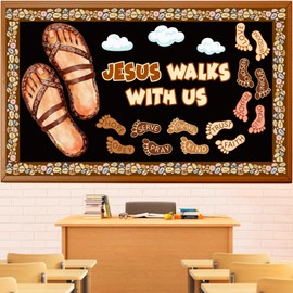 Christian Religious Bulletin Board Decoration Set, Sunday School Jesus Walks with Us Classroom Decorations, VBS Footsteps Cutouts for Library Church Wall Chalkboard Window Door Decor for Teacher