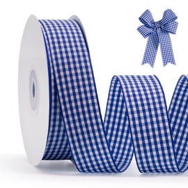 FAKILO Blue Gingham Ribbon 25mm X 22m Blue and White Buffalo Plaid Check Ribbon for Gift Wrapping Christmas DIY Crafts Hair Accessories and Home Decor
