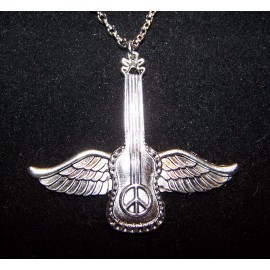 Fashion Jewelry RARE HIPPIE PEACE LOVE SIGN MUSIC GUITAR WING pendant On 20" 925 Silver Necklace