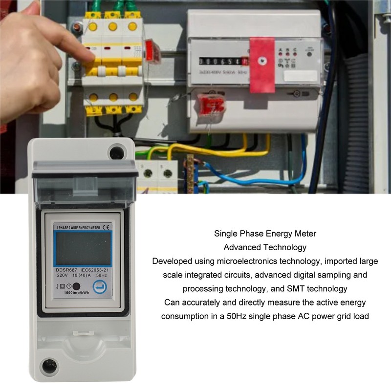 Single Phase Energy Meter LCD Backlit Display 35mm DIN Rail