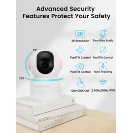 AKINGUAR Wifi Camera, 2K 3MP Pet Cameras, Security Cameras Indoor Wireless, 360° Indoor Wifi Camera, Night Vision, One-Touch Call, Smart Motion Detection & Tracking, 2-Way Talk, Support Alexa, Pink