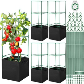 Wenqik 4 Pack Tomato Cage with 17.7 Gallon Large Grow Bags 47 Inch Tomato Planter with Trellis, 18 Clips and 328ft Twist Tie Garden Plant Pot Stakes Support for Vertical Climbing Cucumber