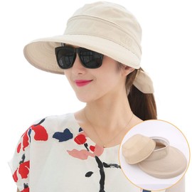 XIAOHAWANG Women Sun Visor Hats UPF 50+ Wide Brim Summer Caps UV Protection Ponytail Hat Detachable Beach Cap (CA/US, Alpha, One Size, C-Grey+Beige)