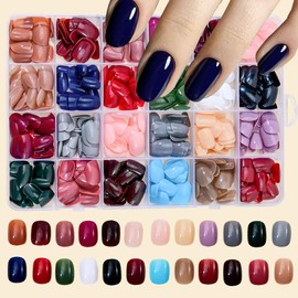 24Packs 576Pcs Squoval Press on Nails Short Round Fake Nails Solid Color Acrylic Nails Glossy Oval Pure Artificial False Nails Colorful Nature Glue on Nails for Women Girls Manicure Nails Decoration