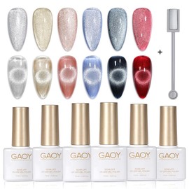 GAOY Pink Ocean Cat Eye Gel Nail Polish Set with Magnet for Holographic Cat Eye, Salon Gel Manicure and Nail Art DIY at Home - Color: Holographic Glitter