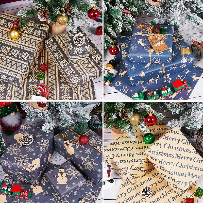 Christmas Wrapping Paper, 8 Sheets Christmas Paper Set with Stickers