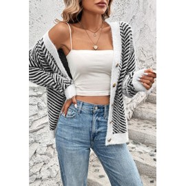 Pink Queen Soft Fluffy Oversized Cardigan Sweaters for Women Autumn Button Up Drop Shoulder Long Sleeve Cardigans Color Contrast Stripe Sweater Coats Black M