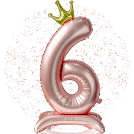Ptyceler Number Balloons Birthday Decorations 32 Inch with Base Balloons Number 6 Birthday Balloons with Crown for Wedding Party Anniversary Decoration Rose Gold