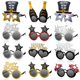 Copkim 12 Pairs Happy New Year Glasses New Year's Eve Sunglasses Novelty 2025 Plastic Glasses Photo Props for New Year(Stylish Styles)