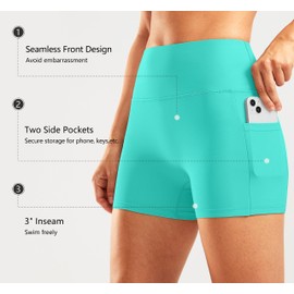 Pudolla Womens Swim Shorts High Waisted Bathing Bottom Shorts Tummy Control Board Swimsuit with Pockets(Mint Green Large)