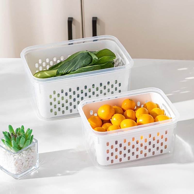 2 Pack Fruit Storage Containers for Fridge with Removable Drain