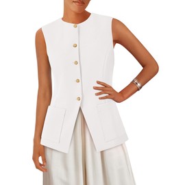 PRETTYGARDEN Summer Blazer Vest Tops for Women Sleeveless Button Down Business Casual Outfits Work Suit Vests Waistcoat(White,Small)