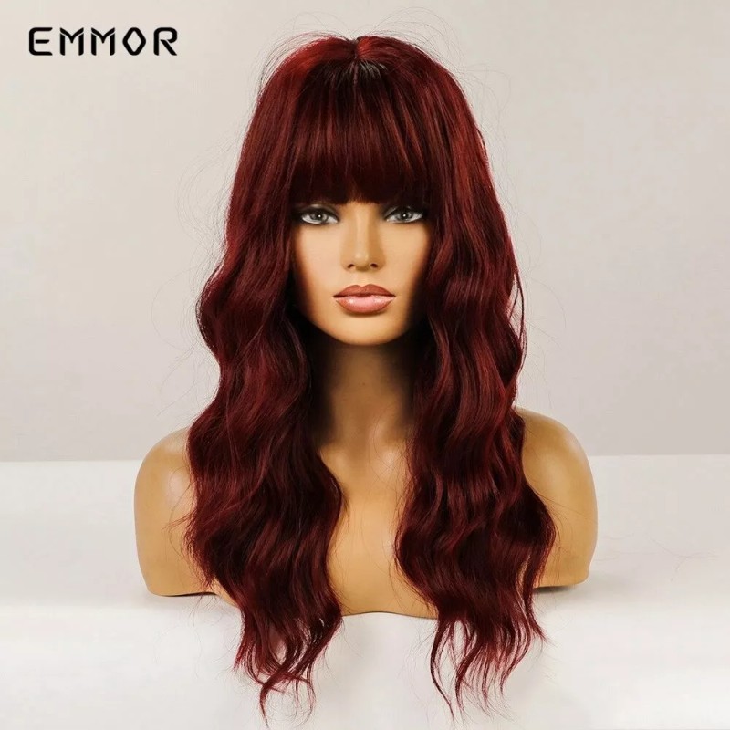 Emmor Moda Larga Ondulada Vino Pelucas Rojas Con Flequillo For