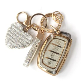 YIKECASE Key Fob Cover with Diamond Keychain Fit for Hyundai Car Key Holder Case Compatible with Elantra Ioniq Sonata Tucson Elantra GT Smart Remote Key Protector for Women, 4 Buttons (White-Heart)