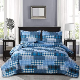 Jarson 3-Piece Plaid Quilt Set King Size, Lightweight Soft Summer Bedding Set, Navy Blue Patchwork Reversible Bedspread (1 Coverlet & 2 Pillow Shams Included)