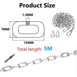 FTXanty Chain Stainless Steel Chain 1.5 mm 5 m Chain Links Small Stainless Steel Chains + 2 Pieces Carabiner Link Chain Extension Chain for Hanging Anchor Chain Furniture DIY