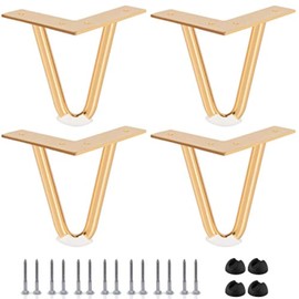 Btowin 4 inch Hairpin Legs, 4Pcs Heavy Duty Metal Furniture Legs with Rubber Floor Protectors & Screws for Home DIY Projects TV Stand Sofa Cabinet - Gold
