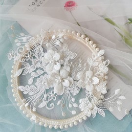 2Pcs Pearl Flower Embroidery Lace Patches 3D White Floral Embroidered Sew on Appliques for Wedding Dress Gown Headpiece Clothing Accessories Home Decoration Craft DIY