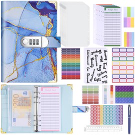 JIANTA A6 Binder Set, Budget Planner with Lock, Savings Challenge Planner, Money Saving Wallet Notebook Includes Budget Sheets, Document Bags, Stickers, Calipers, Pen (Blue)