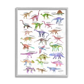 Stupell Industries Pink Watercolor Dinosaur Chart Whimsical Reptiles, Design by Ziwei Li Grey Framed Wall Art, 16 x 20, White