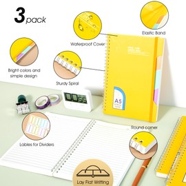 CAGIE Spiral Notebook 5x7 College Ruled 3 Pack, Lined Notebooks for School Work and Notes 240 Sheets in Total, 3 Subject Hardcover Small Spiral Notebook With Multicolor Stickers, Yellow