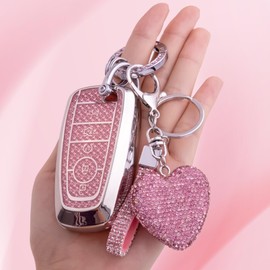 Meruns for Ford key fob cover with Diamond Bling Keychain, Car Accessories Shell for Explorer Fusion Escape Edge Expedition Bronco F150 F250 F350 F450 F550 Maverick Mustan,Silver Pink