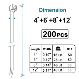 Zip Ties Assorted Sizes 4+6+8+12 inch, 200 Pack, Black Cable Ties, UV Resistant Wire Ties for Indoor and Outdoor Use, LOCKLOCK