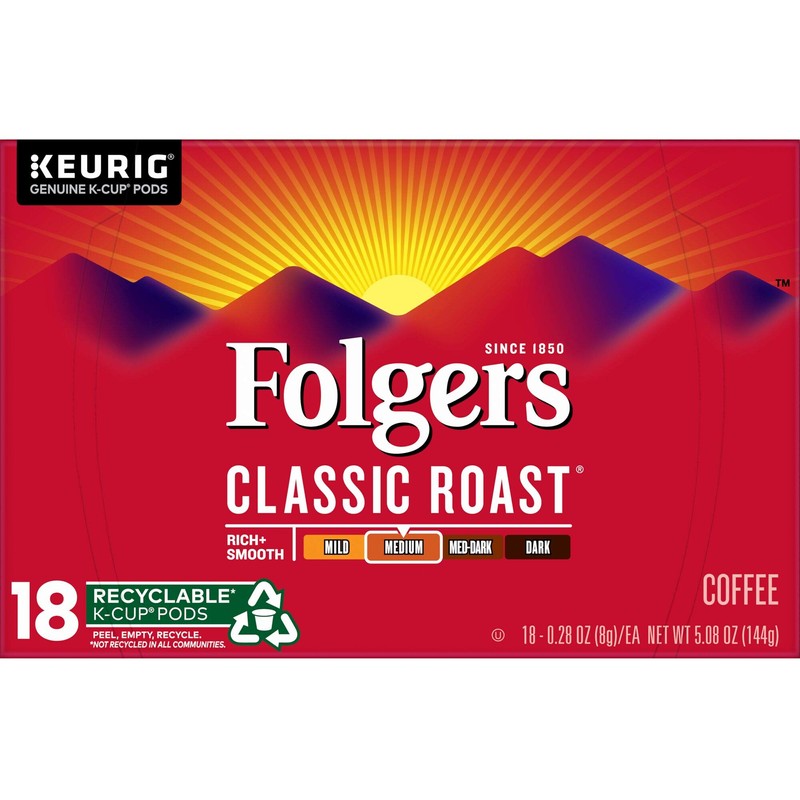 Folgers Classic Roast, Medium Roast Coffee K-Cup Pods for Keurig