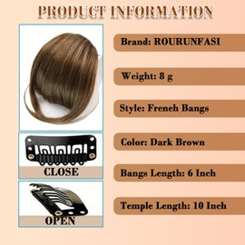 ROURUNFASI Clip on French Bangs-100% Real Human Hair Clip in Bangs Hairpieces Fake Air Bangs Fringe with Temples Bangs Hair Clip Extensions