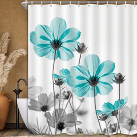 MERCHR Unique Floral Shower Curtain for Bathroom Decor, Teal and Gray Daisy Flower Elegant Wildflower Design Farmhouse Shower Curtains with Hooks Set, 71 X 78 Inches