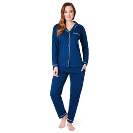 Womens Pyjamas Set - Classic Button Down Nightwear Long Sleeve & Bottoms PJs Cosy Cotton Lounge Wear S-XL - Sleepwear Gifts for Her (Navy, XL)
