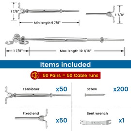 Muzata 50 Pairs Cable Railing Kit 1/8" Swage Toggle Turnbuckle Hardware T316 Stainless Steel for Wood Post WoodEasy System Angle 180° Adjustable Stairs Deck 50 Cable Lines CK07 NN1,CA4 CA5