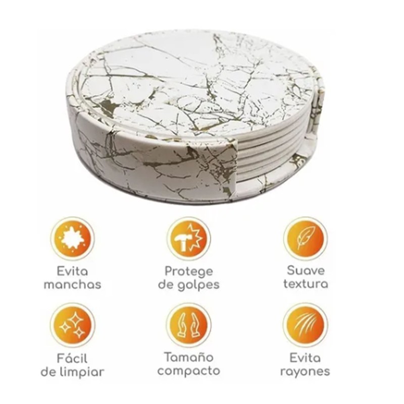 7PCS Drink Coaster Reversible Leather Round Platinum Marble Appearance 10cm