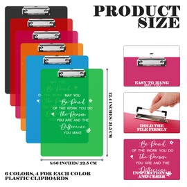 Graduation Employee Appreciation Gift Plastic Clip Boards Colored Clear Clipboards with Low Profile Clip Inspirational Office Standard A4 Letter Size Back to School Teacher Gifts Team Gift(24 Pcs)